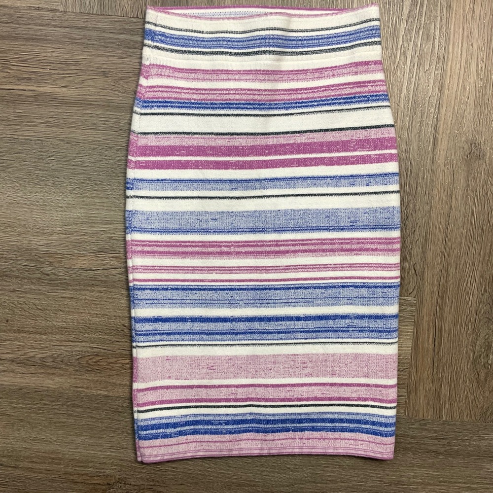 BCBGMAXAZRIA Pencil Skirt Womens XS Blue Pink White Pavel Striped Knit Bodycon